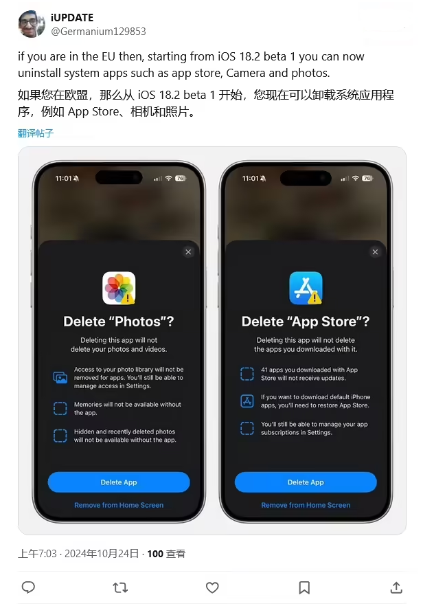 惠济苹果手机维修分享iOS 18.2 支持删除 App Store 应用商店 